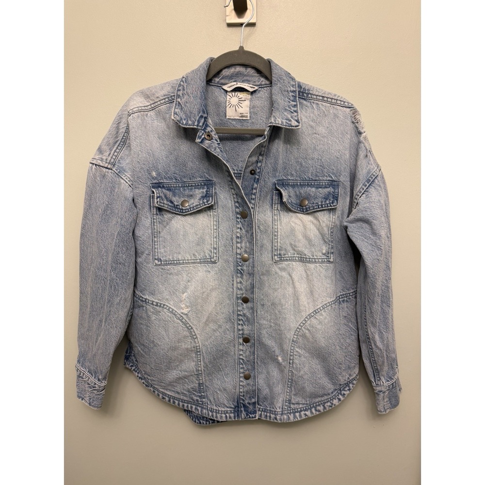 Aerie Denim Shacket Size XXS Light Wash Jacket Oversized Distressed Button Front